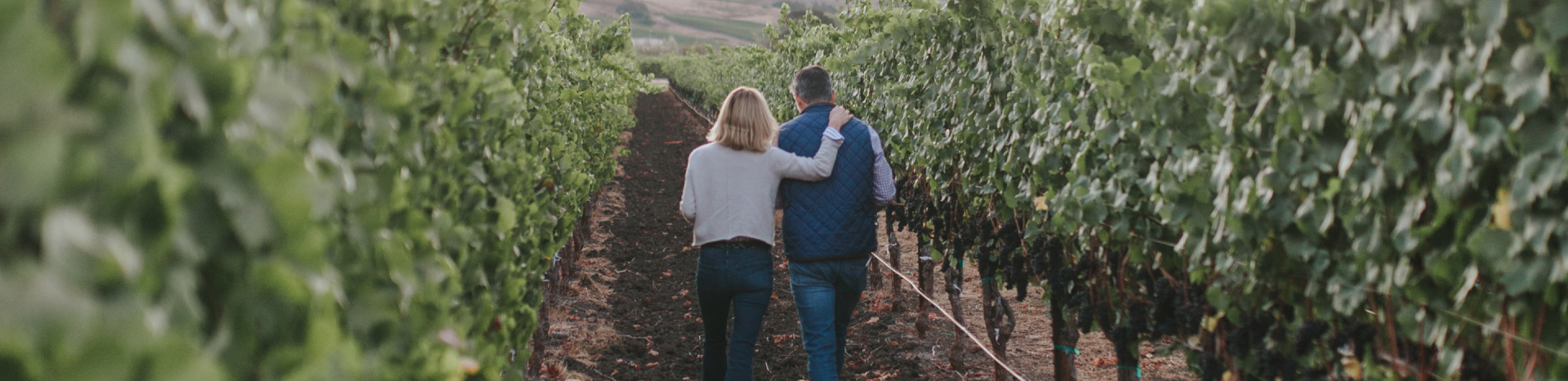 Sean and Nicole Minor walking through a vineyard