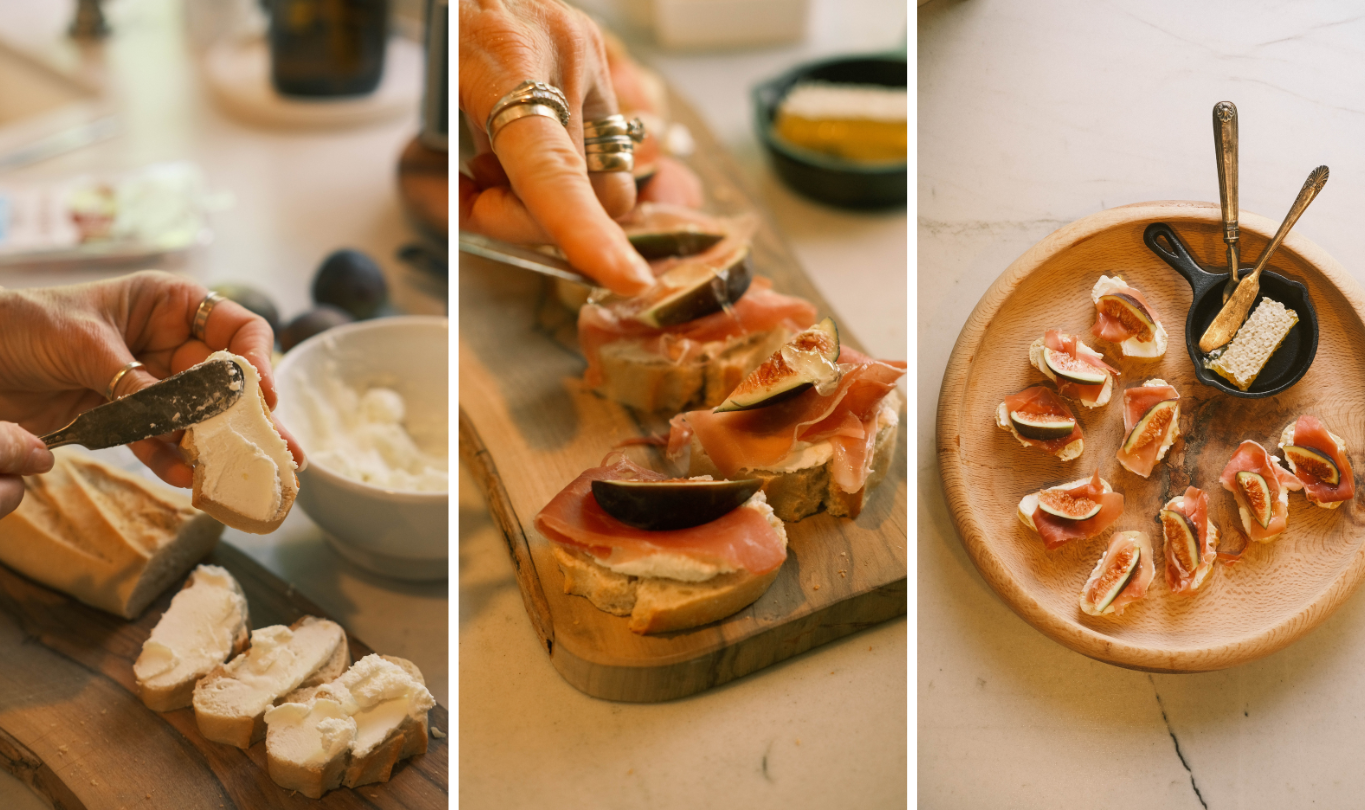 steps making appetizer spreading and assembling crostini