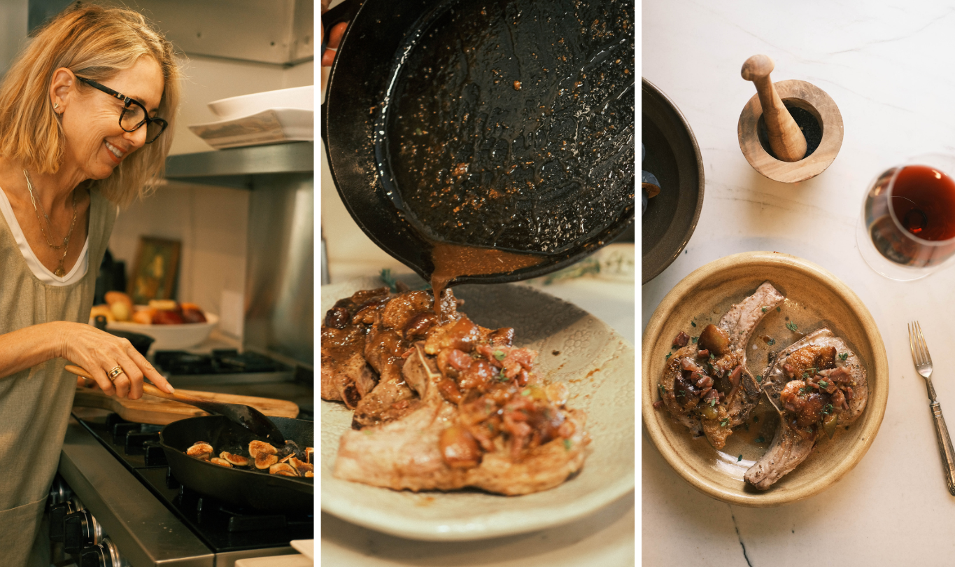 set of 3 photos showing steps of cooking figs, topping pork chops and plating with glass of wine