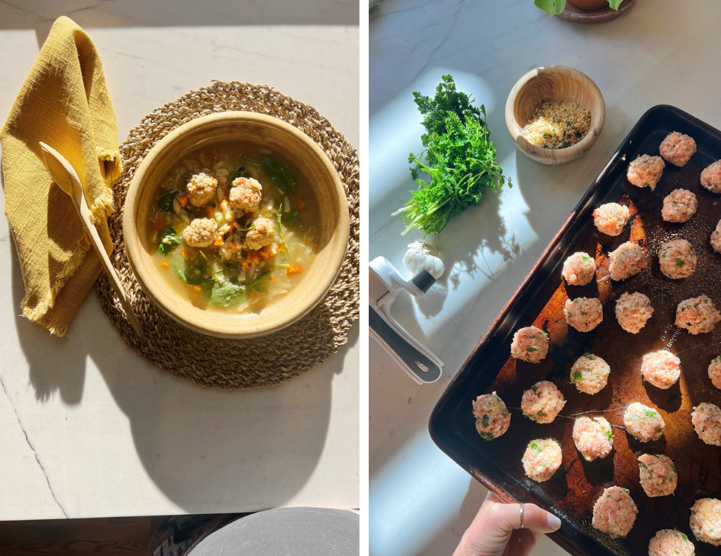 bowl of soup and meatballs on tray