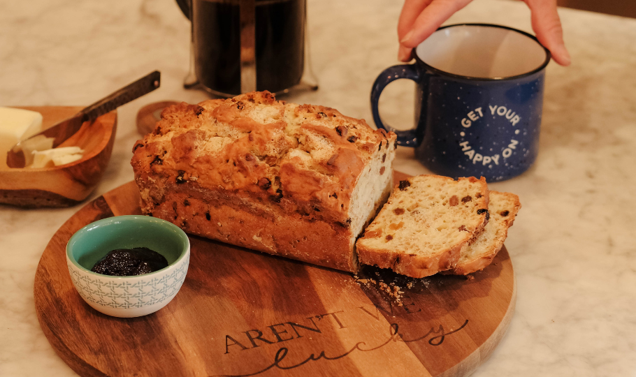 Irish soda bread sliced with coffee