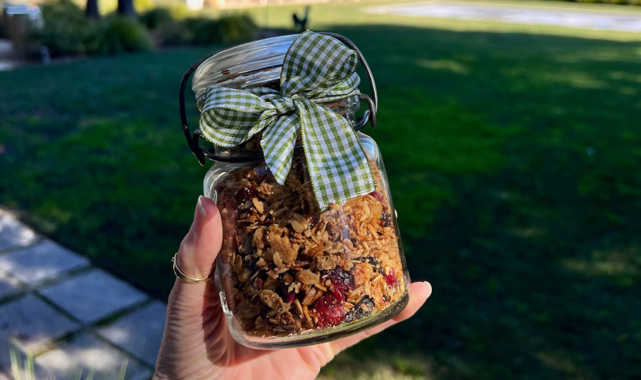 granola in jar with bow