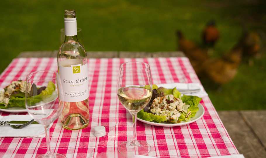 picnic table with chicken salad wrap with sauvignon blanc wine