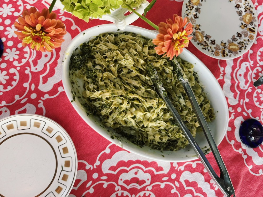 pesto pasta in bowl
