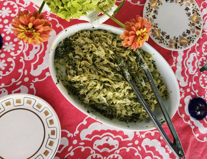 bowl of pesto pasta